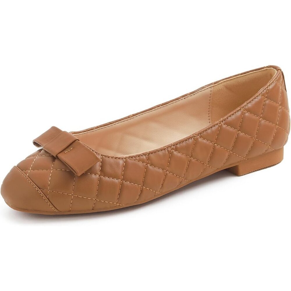 Feversole Women's Camel Plain Toe Cap Synthetic Square Toe Slip On Ballet Flats